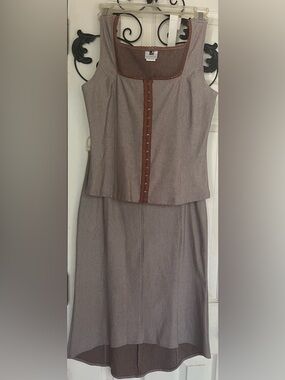 Sleeveless, Vintage Two-Piece Taupe Skirt Set with Brown Trim